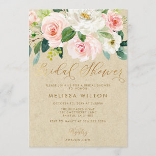 Invitation Aquarelle rose pâle Fête des mariées Kraft fleurie