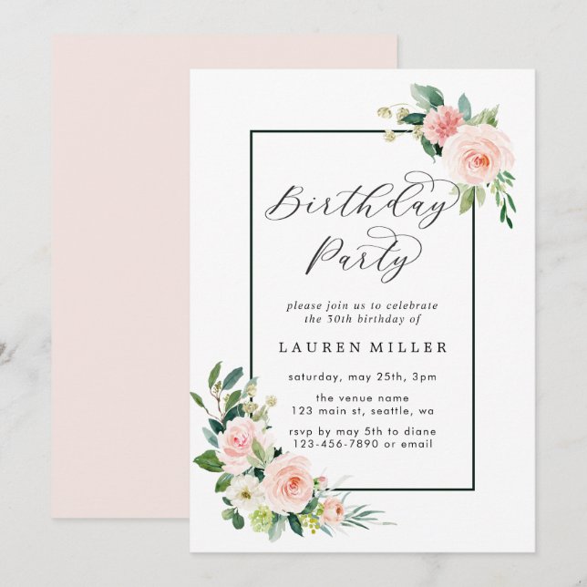 Invitation Aquarelle rose pâle Fleur d'anniversaire (Devant / Derrière)