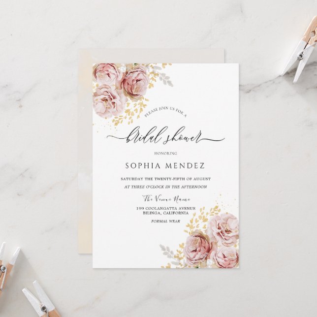 Invitation Aquarelle rose pâle Fleurs Belle Fête des mariées (Devant/Arrière en situation)