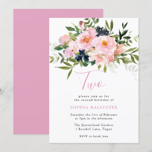 Invitation Aquarelle rose pâle Fleurs et Marine 2e anniversai