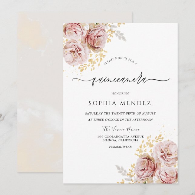 Invitation Aquarelle rose pâle Fleurs Jolie Quinceanera (Devant / Derrière)