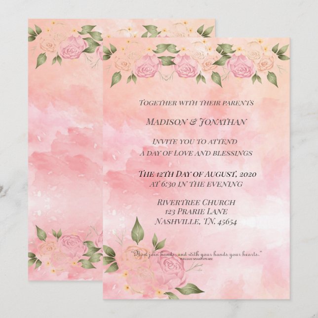 Invitation Aquarelle rose pâle Floral (Devant / Derrière)