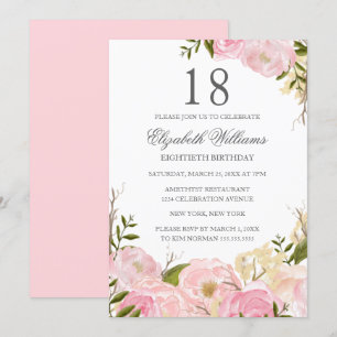 Invitation Aquarelle rose pâle Floral 18e anniversaire Invita