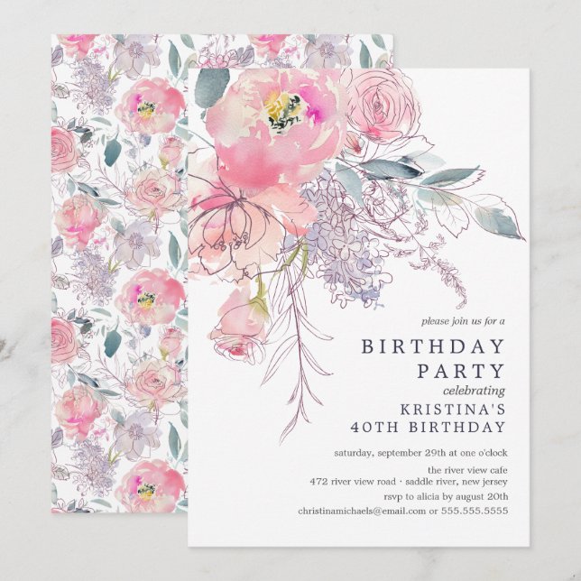 Invitation Aquarelle rose pâle Floral Anniversaire (Devant / Derrière)
