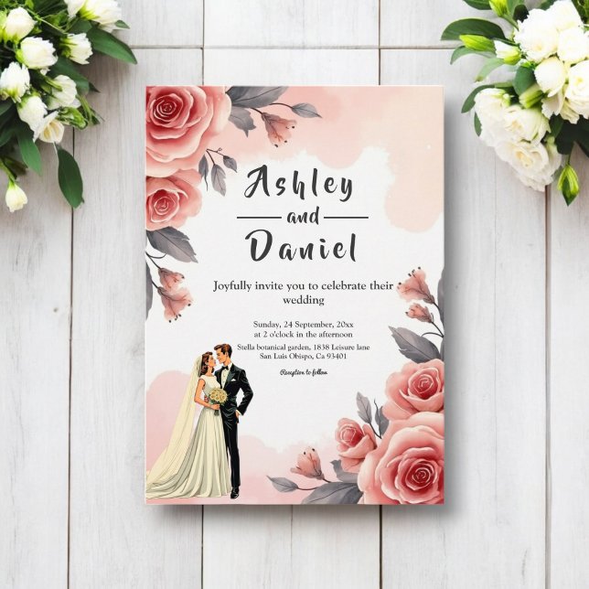 Invitation Aquarelle rose pâle Floral Bride & Mariage de cham (Créateur téléchargé)