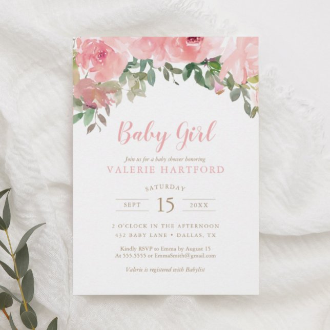 Invitation Aquarelle rose pâle Floral Girl Baby shower Invi (Créateur téléchargé)