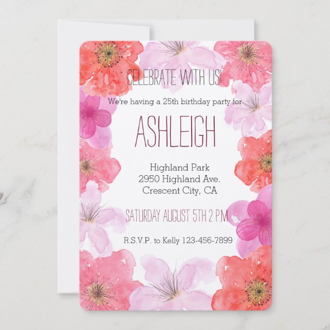 Invitation Aquarelle rose pâle jour d'anniversaire de la flor (Devant)