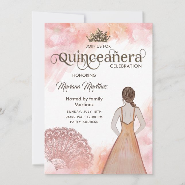 Invitation Aquarelle rose pâle main ventilateur tiara Quince (Devant)