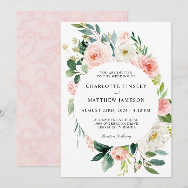 Invitation Aquarelle rose pâle Mariage Floral (Devant / Derrière)