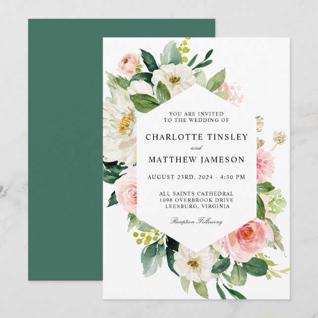 Invitation Aquarelle rose pâle Mariage Floral (Devant / Derrière)