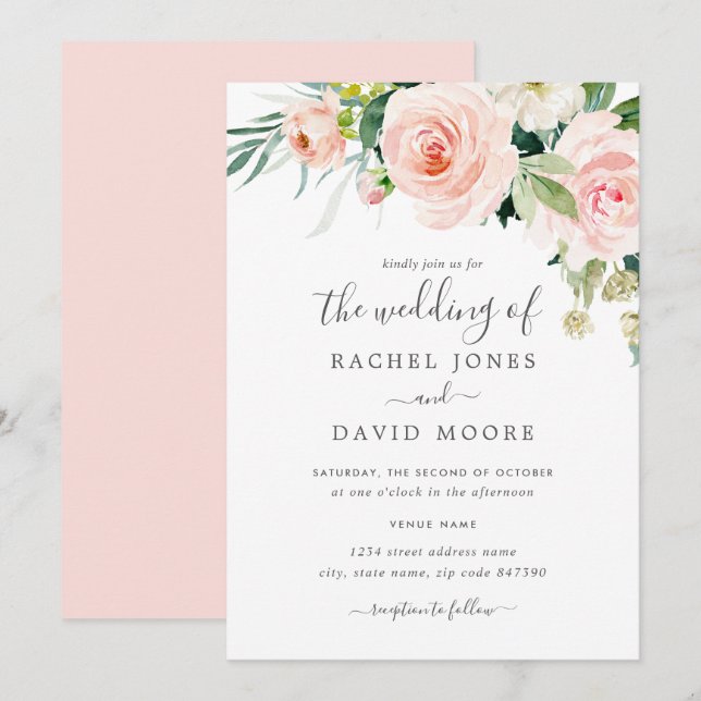 Invitation Aquarelle rose pâle Mariage Floral (Devant / Derrière)