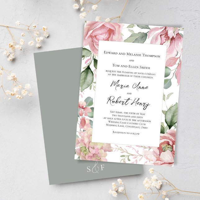 Invitation Aquarelle rose pâle Mariage Floral (Blush pink floral greenery wedding invitations. )