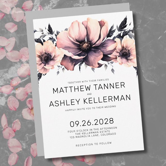 Invitation Aquarelle rose pâle Mariage floral (Watercolor Blush Pink Flowers Boho Floral Wedding Invitation)