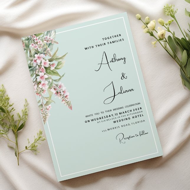 Invitation Aquarelle rose pâle menthe Mariage (Watercolor blush pink mint floral Wedding)