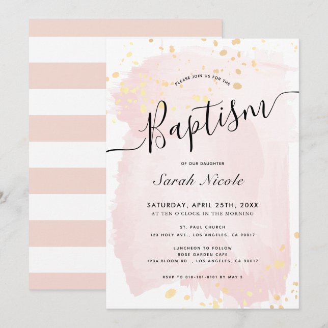 Invitation Aquarelle rose pâle or éclaboussures filles Baptêm (Devant / Derrière)