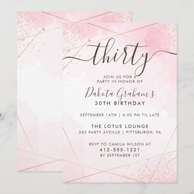 Invitation Aquarelle rose pâle Or Trente Anniversaire (Devant / Derrière)