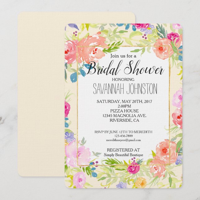 Invitation Aquarelle rose pâle Peach Fête des mariées florale (Devant / Derrière)