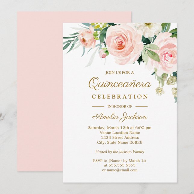 Invitation Aquarelle rose pâle Quinceanera (Devant / Derrière)