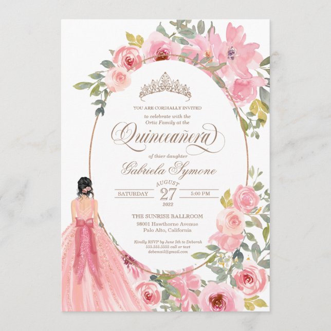 Invitation Aquarelle rose pâle Quinceanera (Devant)