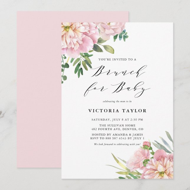 Invitation Aquarelle rose pâle Rose Brunch floral pour bébé (Devant / Derrière)