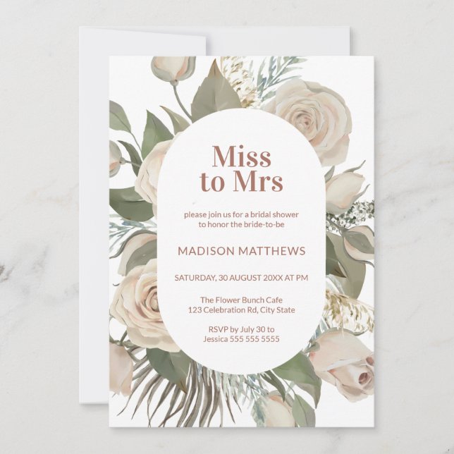 Invitation Aquarelle rose pâle Rose Floral Fête des mariées d (Devant)