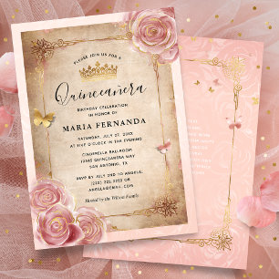 Invitation Aquarelle rose pâle Rose or Quinceanera