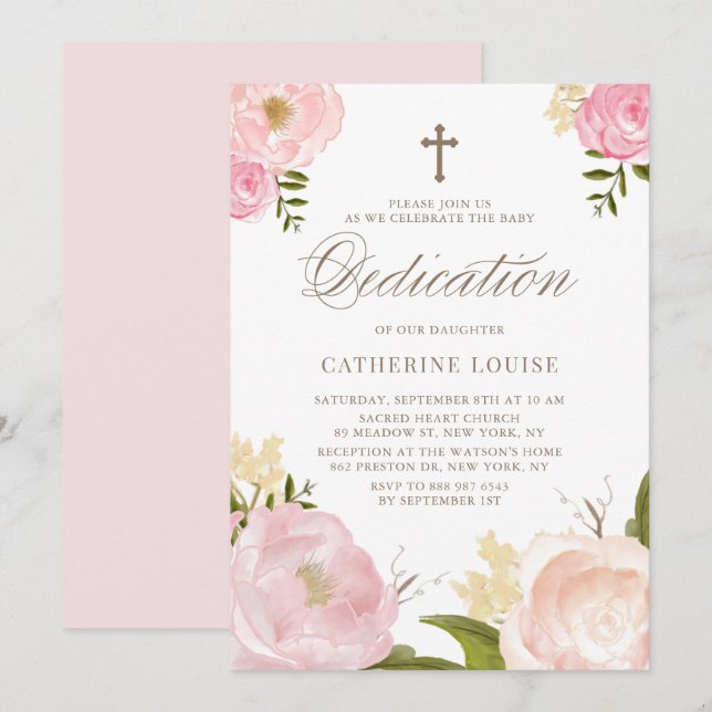 Invitation Aquarelle rose pâle rose pâle Dédication florale p (Devant / Derrière)
