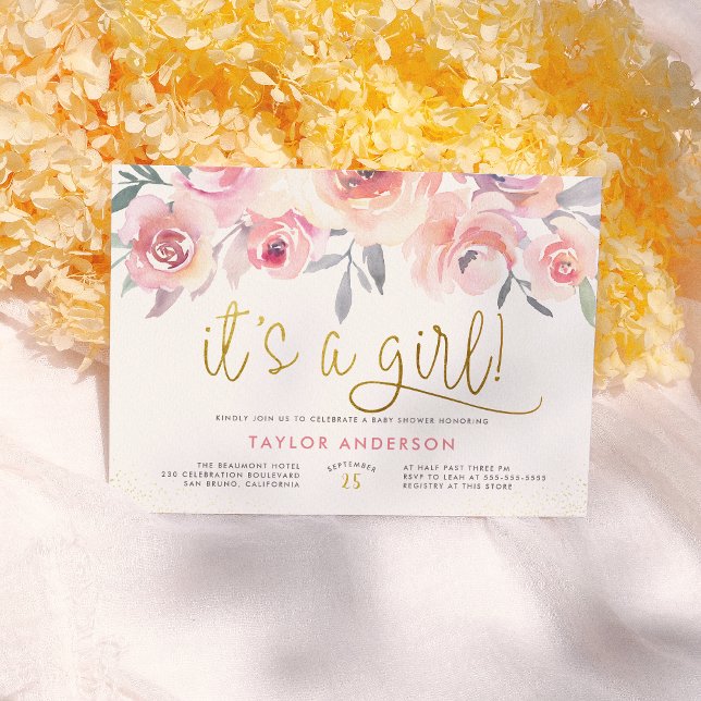 Invitation Aquarelle rose pâle Roses Son Baby shower Fille (Créateur téléchargé)