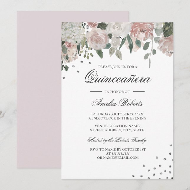Invitation Aquarelle rose pâle Silver Floral Quinceanera (Devant / Derrière)