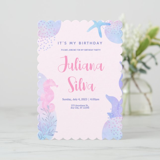 Invitation Aquarelle rose pâle sous la mer Anniversaire (Debout devant)