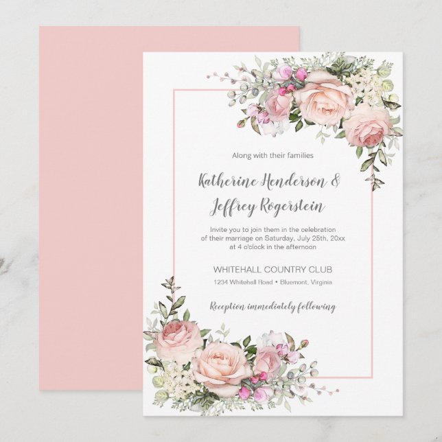 Invitation Aquarelle rose pâle vert Mariage Floral (Devant / Derrière)