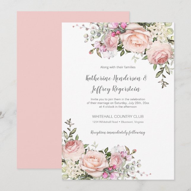 Invitation Aquarelle rose pâle vert Mariage floral Invitat (Devant / Derrière)
