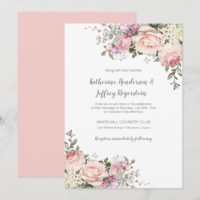 Invitation Aquarelle rose pâle vert Mariage floral Invitat (Devant / Derrière)