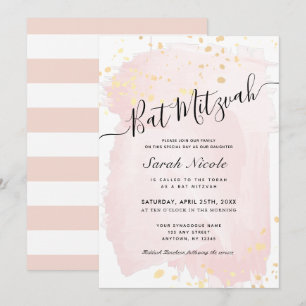 Invitation Aquarelle rose pâle x Bat mitzvah plaquettes or