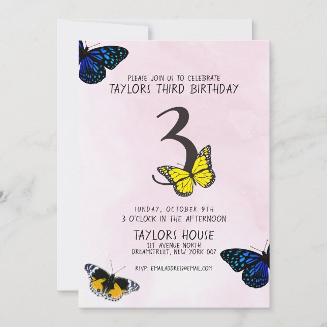 Invitation Aquarelle rose papillon 3D Anniversaire (Devant)