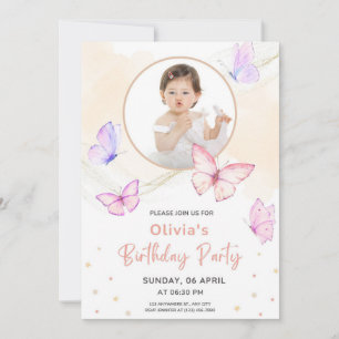 Invitation Aquarelle rose papillon Anniversaire