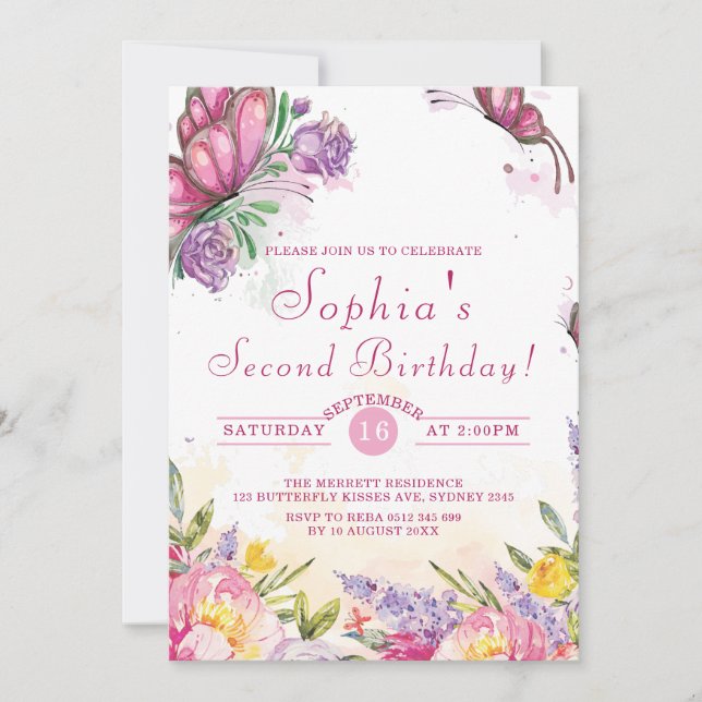 Invitation Aquarelle rose papillon Floral Anniversaire (Devant)