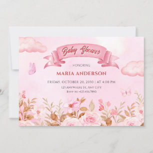 Invitation Aquarelle rose pastel jardin fleuri baby shower