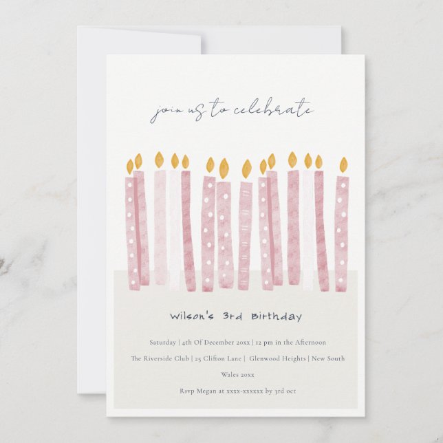 Invitation Aquarelle rose pastel mignonne aux bougies d'anniv (Devant)