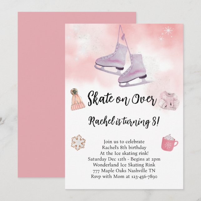 Invitation Aquarelle rose Patinage sur glace Anniversaire Inv (Devant / Derrière)