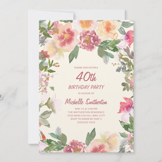 Invitation Aquarelle rose Peach Floral 40e anniversaire (Devant)