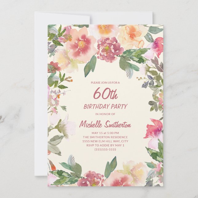 Invitation Aquarelle rose Peach Floral 60e anniversaire (Devant)