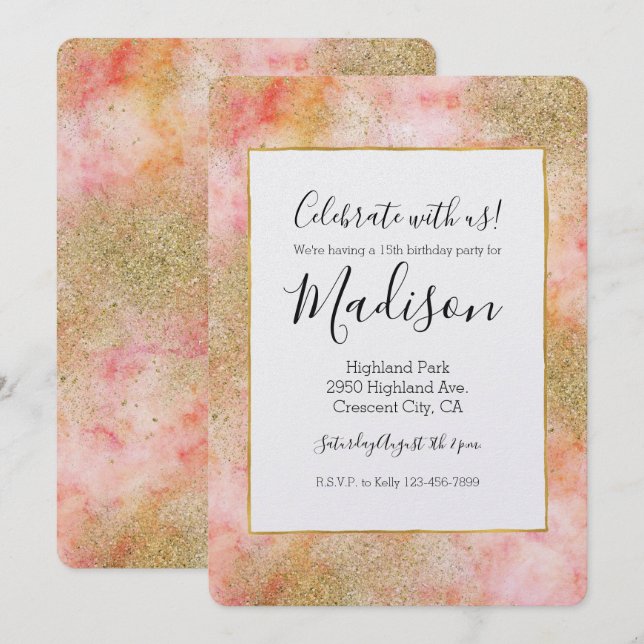Invitation Aquarelle rose Peachy Parties scintillant Gold Fau (Devant / Derrière)