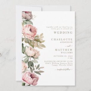 Invitation Aquarelle rose Peonies Mariage élégant Or Texte