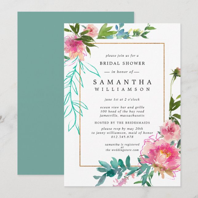 Invitation Aquarelle rose Peony Fête des mariées florale (Devant / Derrière)