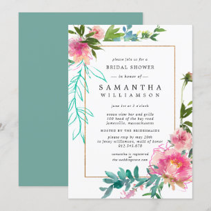 Invitation Aquarelle rose Peony Fête des mariées florale
