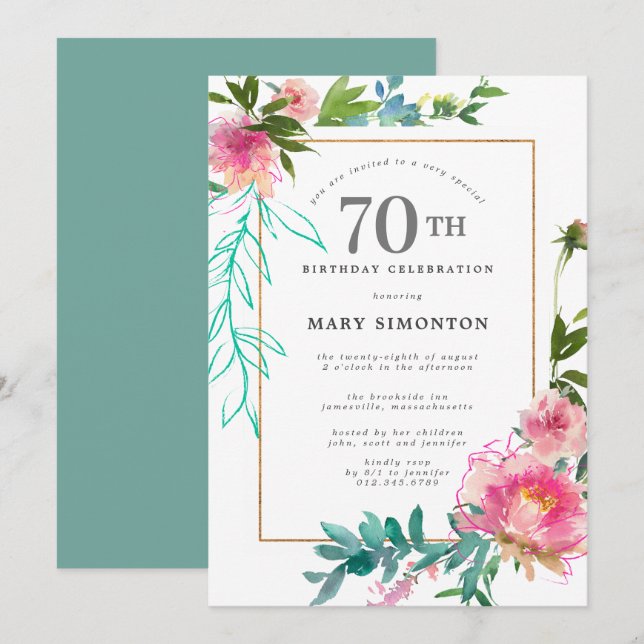 Invitation Aquarelle rose Peony Floral 70e anniversaire (Devant / Derrière)