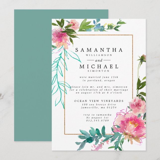 Invitation Aquarelle rose Peony Floral Elopeption (Devant / Derrière)