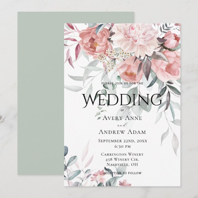 Invitation Aquarelle rose Peony Mariage de verdure (Devant / Derrière)