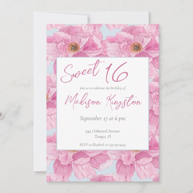 Invitation Aquarelle rose Peony Sweet 16 Party (Devant)